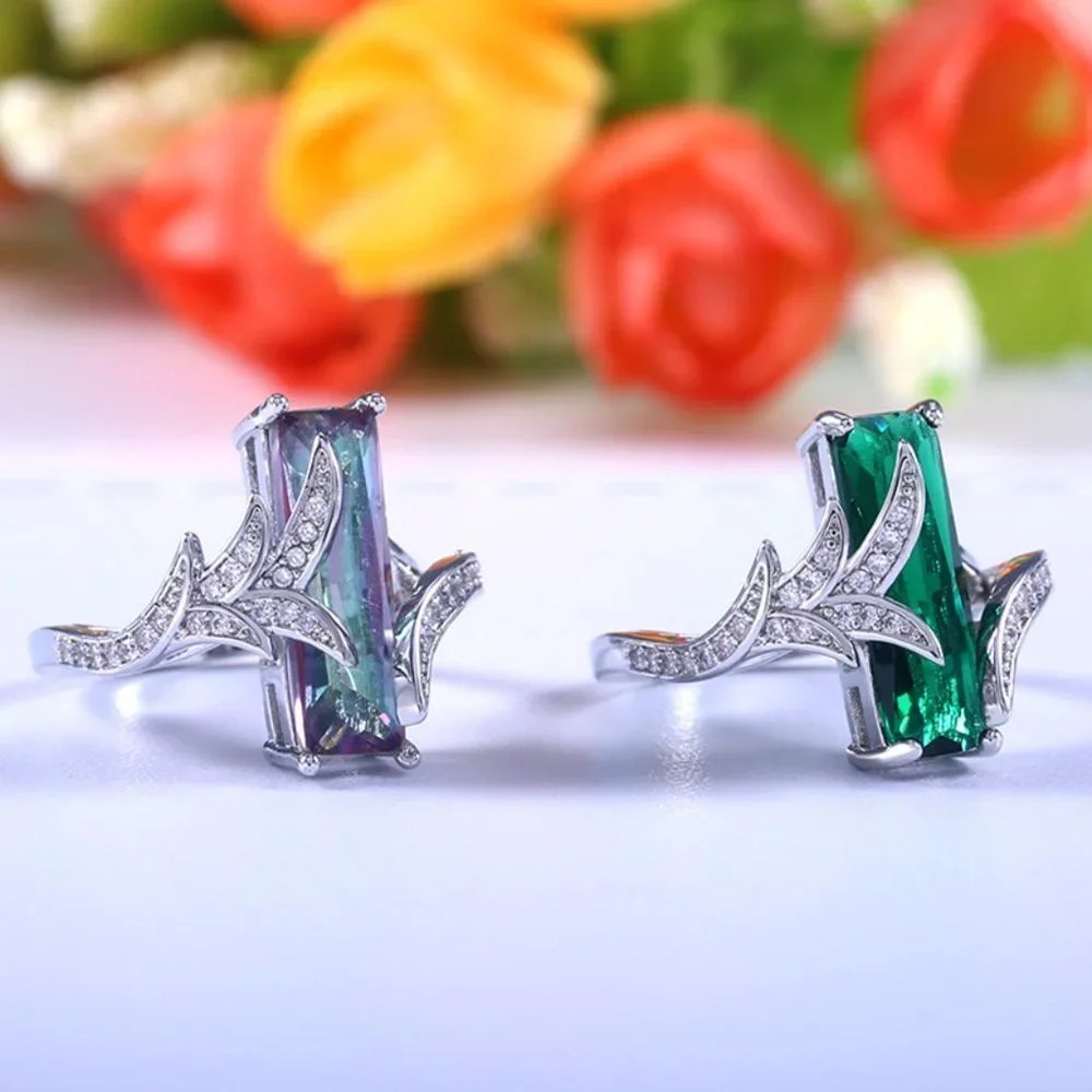 🎀 Big Dainty Rectangle Pure Green Gemstone CZ Rings For Women, HA4316-6